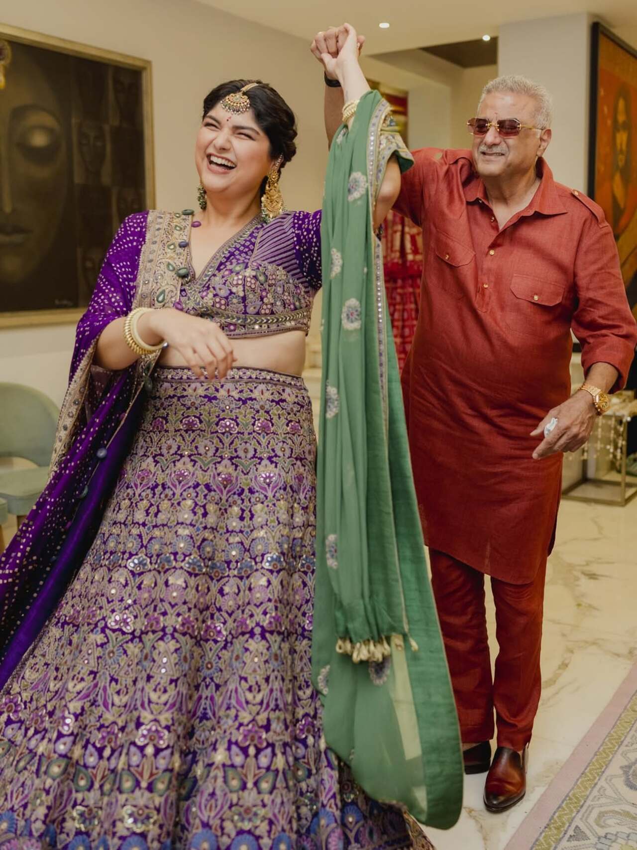Anshula Kapoor and her father Boney Kapoor shared a sweet father-daughter dance moment at the engagement ceremony. The duo were all smiles as they twirled together.